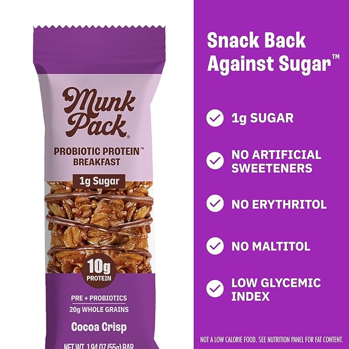 Munk Pack Probiotic Protein Breakfast Bars - 10g Plant Protein, 1g Sugar, 6g Fiber – For Adults & Kids, Low Sugar Snack, Gluten-Free, Diabetic-Friendly, Non-GMO, Sampler Pack- 5 Pack