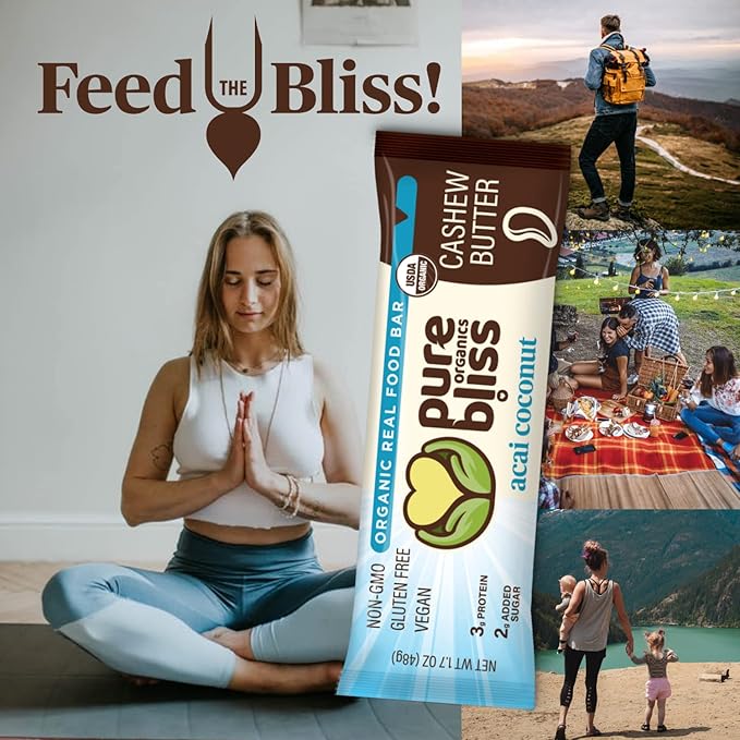 Organic Real Food Bar (Acai Coconut) Non-GMO, Gluten Free, Vegan, Nutrition Bars, Energy Bars, Super Food Simple Ingredients, Best Tasting, Healthy Snack, Breakfast Bars, Dairy Free, Soy Free, Pure Bliss Organics (1.7 oz bar, 12-Pack Case)