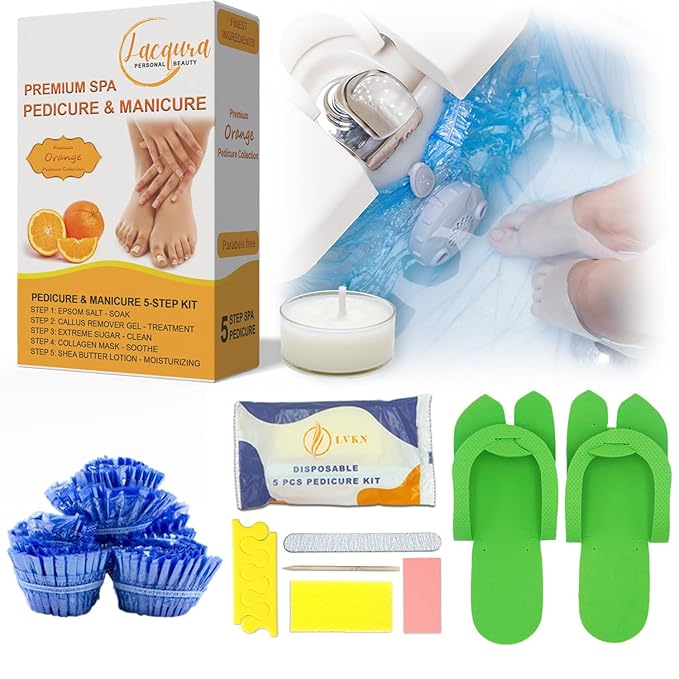 6-Step Foot Care System with Epsom Salt Soak, Callus Remover Gel, Sugar Scrub, Collagen Mask, Shea Butter Lotion, Massage Oil Candle + Disposable Pedicure Kit 5-1, Liner & Slippers. Orange 06 Set