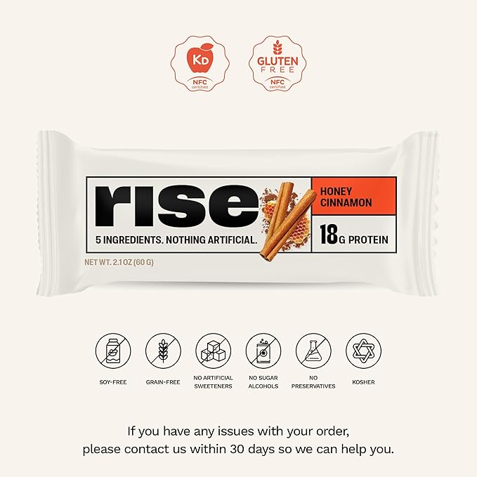 Rise Whey Protein Bars - Honey Cinnamon | Breakfast Bar & Protein Snack 18g Protein 4g Fiber Just 5 Whole Food Ingredients Gluten-Free Soy Free