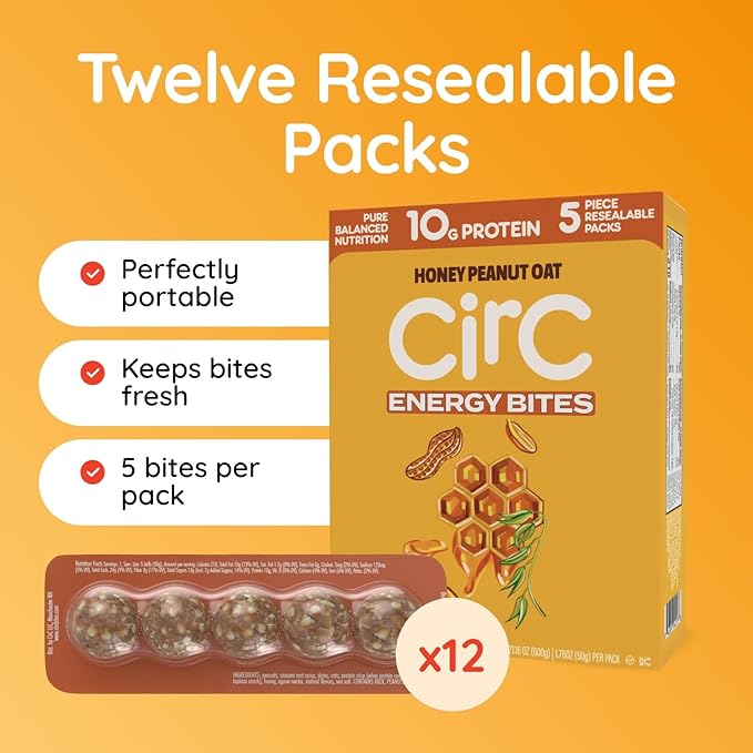 CirC Energy Bites - 12 Pack Honey Peanut Oat Gluten Free Protein Balls - 10g Protein, Whole Grains, Nuts & Fruit - Portable Healthy Snacks for Adults & Kids, 5 Piece Resealable Packs