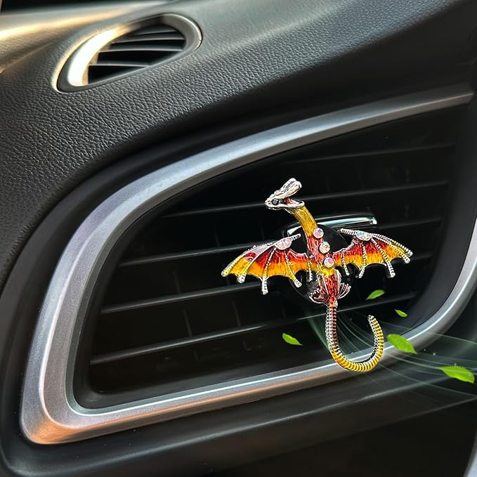 Dargon Car Accessories,Fire Dragon Air Vent Clips Car Air Freshener,2pcs Bling Red Yellow Enamel Wyvern Dashboard Decorations,Refillable Outlet Diffuser