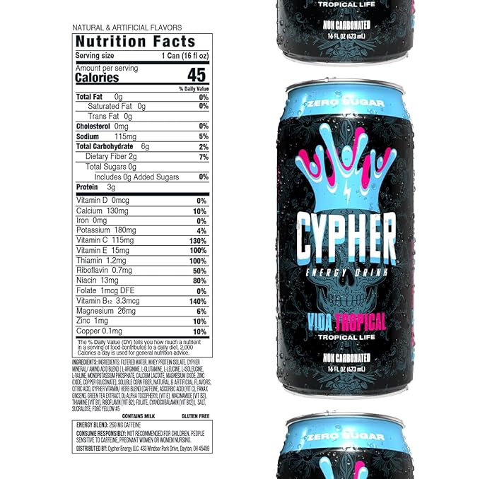 Cypher Sugar Free Energy Drink, Tropical Life – Non-Carbonated & Low Calorie Juice Energy Drink for Lasting Stamina & Focus with 260mg Caffeine, 3g Whey Protein, & 5 Amino Acids (12) 16oz Cans