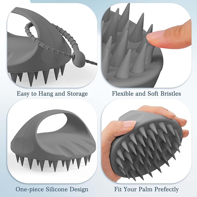 Manmihealth Silicone Back Scrubber & Soft Bath Glove, Silicone Scalp Massager Set 5 PCS, Super-Exfoliating Body Scrubber Shower Brush & Shampoo Brush Combination, with 2 Free Hooks (Style 2 Gray)