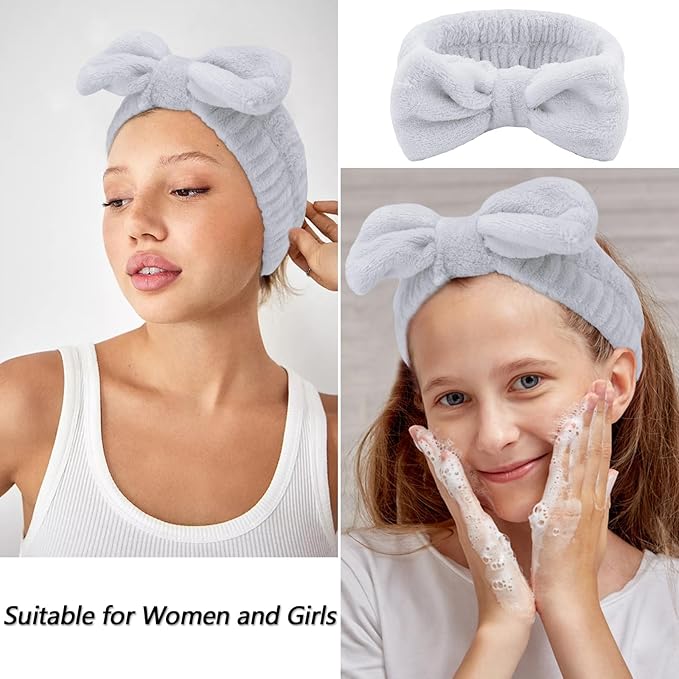 VELSCRUN 6 Pack Spa Headband, Makeup Headband, Face Wash Headbands, Skincare Headbands, Grey Sponge Hair Band Bow Tie Spa Head Band for Washing Face Wristband Set Hair Accessories for Women Girls