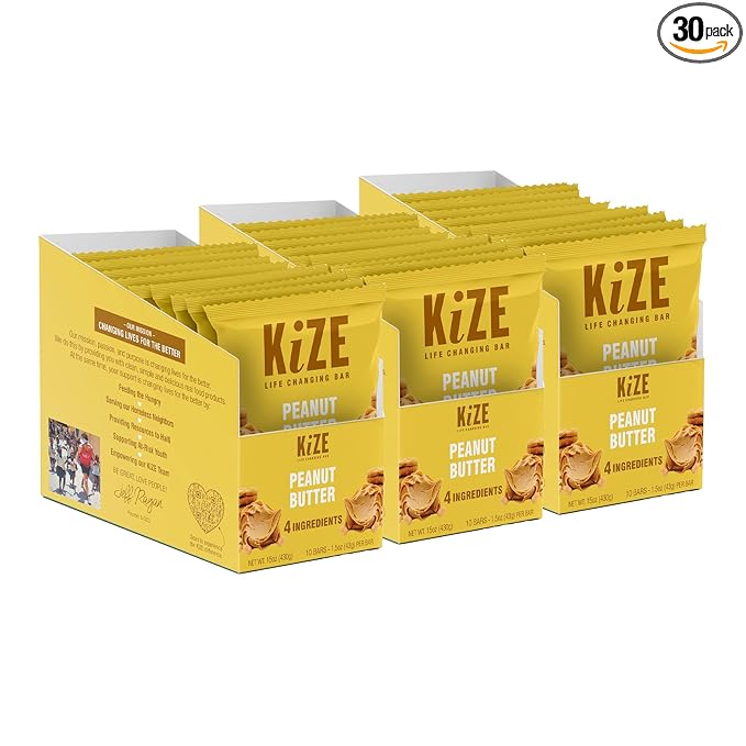 KiZE Energy Bars - Peanut Butter - 30-Count - Gluten Free, Non-GMO, and High Protein Meal Replacement Energy Bars, Clean and Simple Food Ingredients - 10g High Protein Snacks (30 Count)