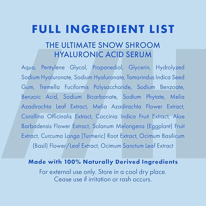 All Natural, Vegan Tremella Hyaluronic Acid Serum by Handmade Heroes, Deep Multi Layered Hydration, Moisturize, Plump Skin, Reduce Wrinkles. Fragrance Free