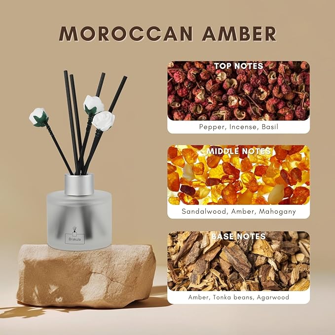 Brakula Reed Diffuser Set, Moroccan Amber Scented, Reed diffusers for Home, Home Fragrance Diffuser with 7 Reed Sticks for Room/Bathroom Decor 3.38 fl oz (Moroccan Amber)