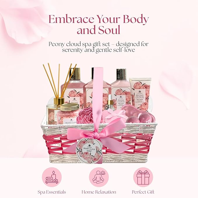 Spa Gift Basket for Women – Peony Cloud | 13-Piece Self Care Gift Set with Bubble Bath, Bath Bombs, Peony Diffuser, Lotion, Shower Gel, Bath Salt & More | Spa Gifts for Her, Birthday, Mother’s Day