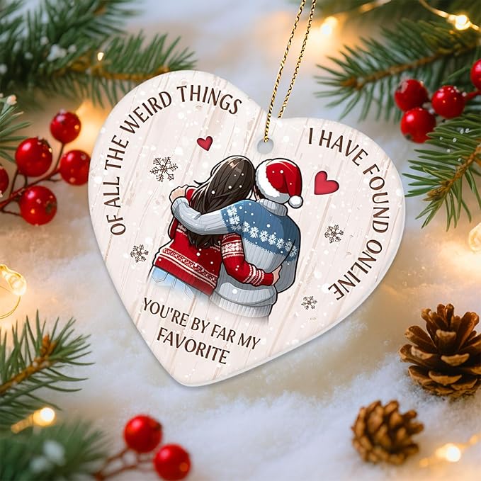 34HD Couple Gifts for Christmas, Couple Ornament for Christmas Tree Ceramic 2 Side Printed, Soulmate Partners Together Decor, Xmas Birthday Gifts for Him, Her