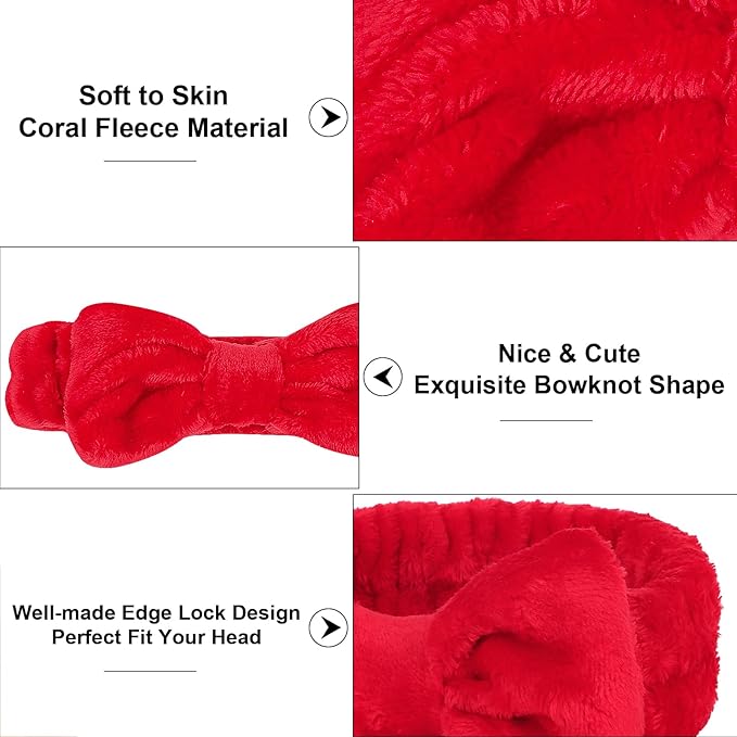 10 Pcs Red Makeup Headbands, Hair Band for Washing Face, Soft Coral Fleece Makeup Headband for Women Girls, Bow Hair Bands, Towel Headbands for Face Washing Shower Skin Care Yoga