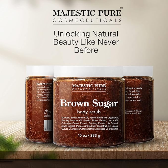 MAJESTIC PURE Brown Sugar Body Scrub for Cellulite and Exfoliation - Natural Body Scrub - Reduces The Appearances of Cellulite, Stretch Marks, Acne, and Varicose Veins, 10 Ounces