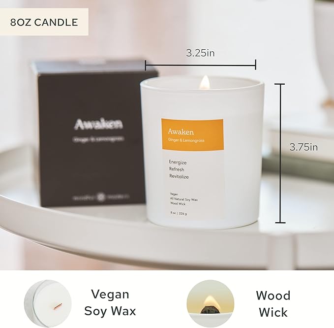 Mindful Modern Natural Awaken Candle | Ginger & Lemongrass Scented | Aromatherapy for Stress Relief, Meditation, Yoga, Chakra Healing, & Prayer | Elegant Home Fragrance | Soy Wax | 8oz Glass Jar