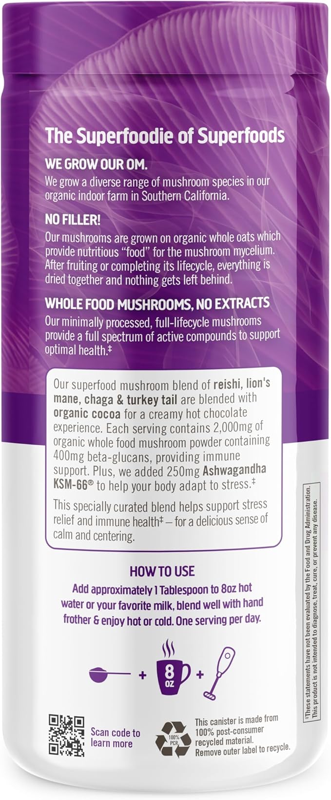 OM MUSHROOM SUPERFOOD Hot Chocolate Blend Mushroom Powder, 8.47 Ounce Canister, 30 Servings, Cocoa, 2g of Sugar, 25 Calories, Lion's Mane, Reishi, Chaga, Turkey Tail, Focus and Stress Support