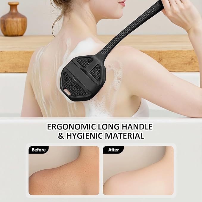 3PCS Extender Handle Set,17in Lengthen Detachable Long Handle Back Brush*1,Silicone Body Scrubber for Gentle Exfoliating and Massage Can Produce Rich Foam*2,Long Handle Back Scrubber for Men (Black)