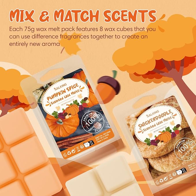 Autumn Scented Wax Melts, Fall Soy Wax Melts Gift Set, Wax Cubes/Tarts for Warmer - Pumpkin Spice, Caramel Apples, Candy Corn, Vanilla, Apple Cider, Cinnamon, Snickerdoodle, Autumn Wreath, 8x2.6 oz