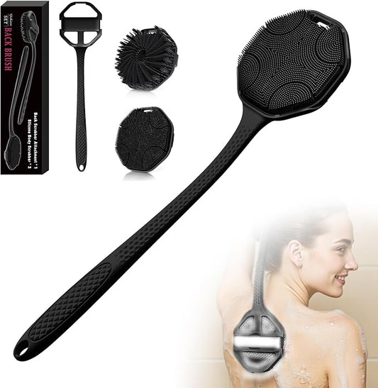 3PCS Extender Handle Set,17in Lengthen Detachable Long Handle Back Brush*1,Silicone Body Scrubber for Gentle Exfoliating and Massage Can Produce Rich Foam*2,Long Handle Back Scrubber for Men (Black)