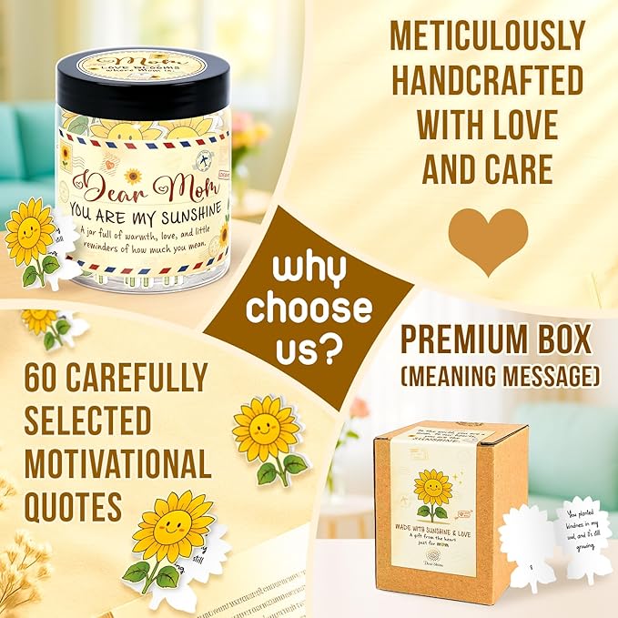 Mom Affirmation Jar – You Are My Sunshine Gift - Mom Birthday Gifts From Son, Daughter - Mothers Day, Christmas, Birthday Gifts For Moms - 60 Positive Sunflower Affirmation Cards