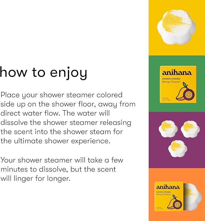 ANIHANA Shower Steamers 4 Pack, Paraben Free, Cruelty Free, Refreshing Mango Passion Scent, 1.76 oz Each