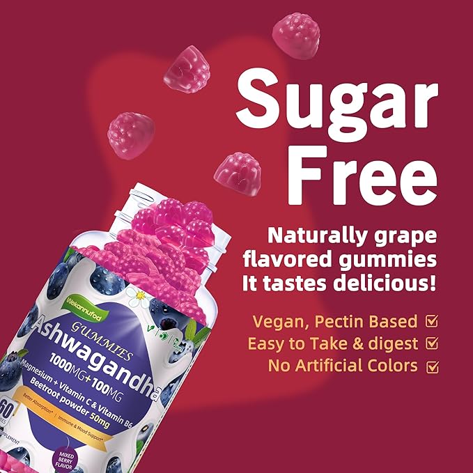 Ashwagandha Gummies 1000mg & Vitamin D3 Gummies 60 Count Organic Root Extract Stress Relief Sleep Support(Non-GMO, Sugar Free & Gluten Free)