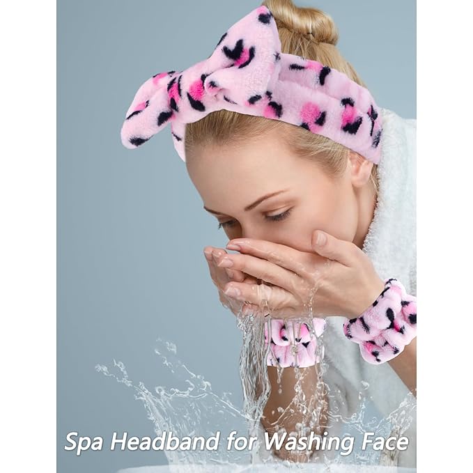VELSCRUN 6 Pack Spa Headband, Makeup Headband, Face Wash Headbands, Skincare Headbands, Pink Leopard Sponge Hair Band Bow Tie Spa Head Band for Washing Face Wristband Set Hair Accessories for Women
