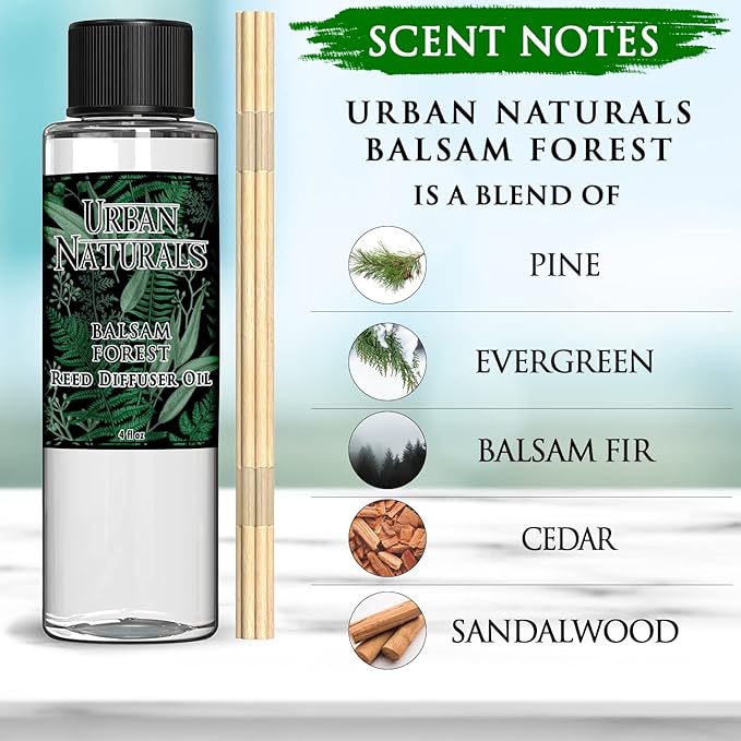 Urban Naturals Balsam Forest Reed Diffuser Oil Set - Real Juniper and Pine Cones β Fragrance Notes of Fraser Fir, Evergreen, Pine, Woodsy Cedar and Sandalwood β Vegan 3.75 Ounces β Made in The USA