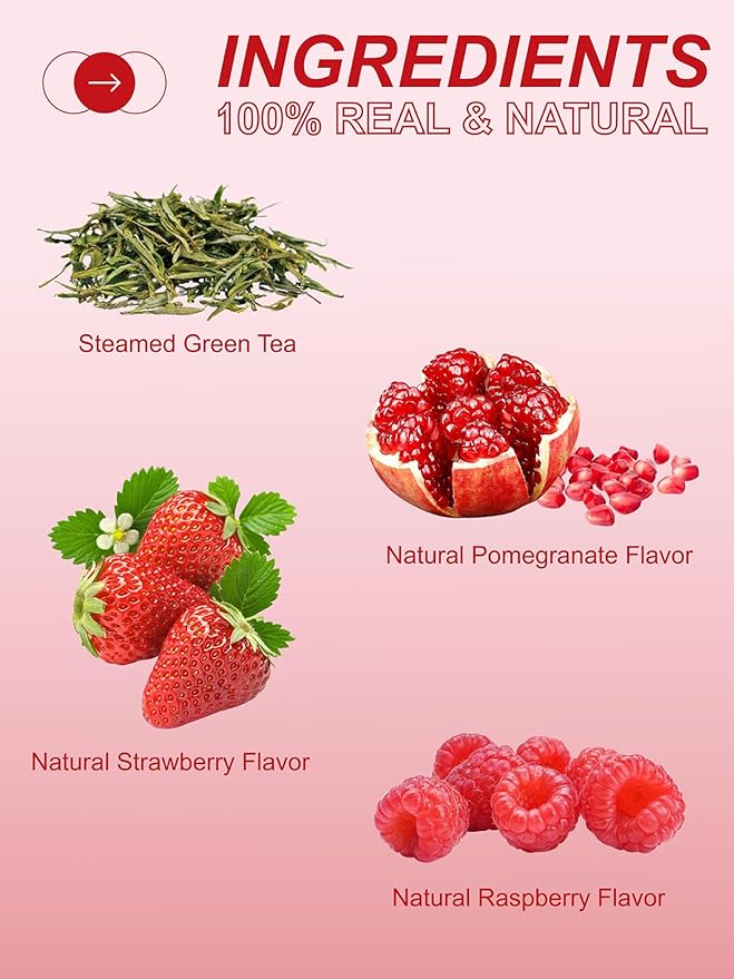 TeeLux Pomegranate Raspberry Strawberry Green Tea, Fruit Flavored Green Tea, Berry Aroma & Crisp Taste, Hot & Iced Tea, 100 Count