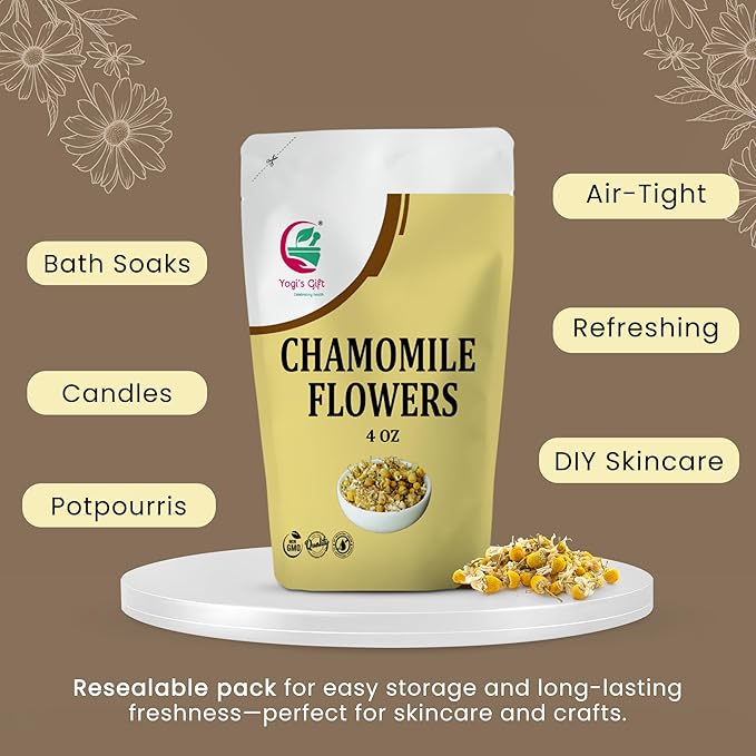 Chamomile Flowers 4 oz, 100% Natural Loose Leaf Chamomile Tea, Whole Dried Flowers for Herbal Tea, Resealable Bag for Freshness - By Yogi’s Gift®