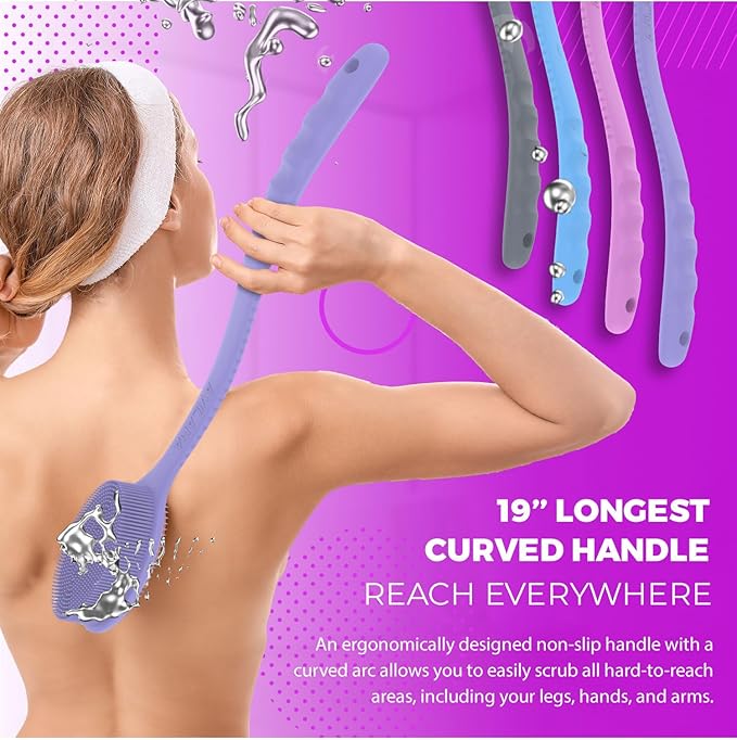 Avilana Silicone Body Scrubber - Food Grade & Lab Tested, Gentle Exfoliating Shower Brush for All Skin Types, Hygienic Quick-Dry Loofah Alternative (Dark Gray, Long Handle-Silver)