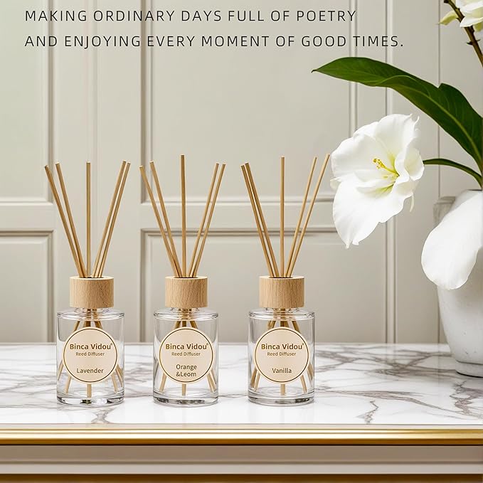 Reed Diffuser Set, Binca Vidou Lavender Vanilla Orange & Lemon Natural Scent Oil Diffusers with Sticks for Home Office Bathroom Aromatherapy Decor 2.7oz x 3
