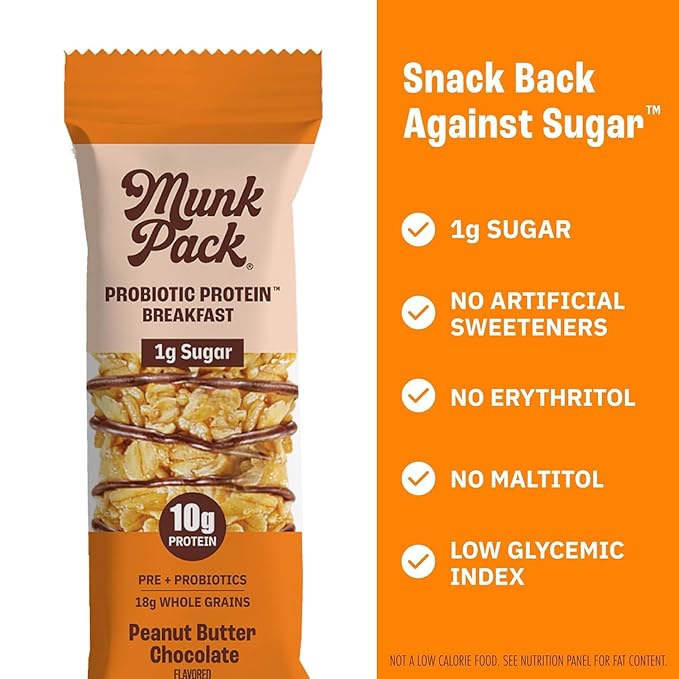 Munk Pack Probiotic Protein Breakfast Bars - 10g Plant Protein, 1g Sugar, 6g Fiber – For Adults & Kids, Low Sugar Snack, Gluten-Free, Diabetic-Friendly, Non-GMO, Sampler Pack- 5 Pack