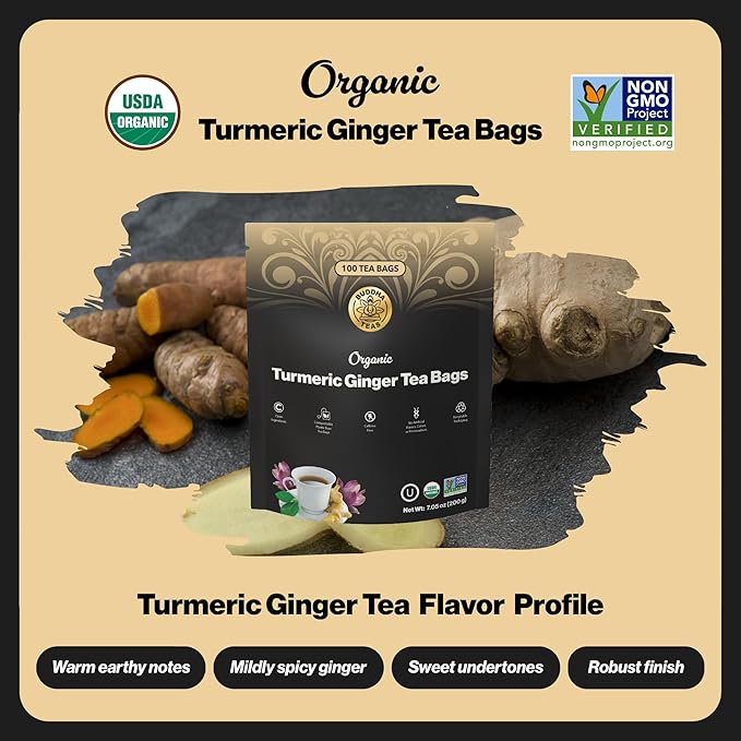 Buddha Teas - Organic Turmeric Ginger Tea Bags - For Health & Wellbeing - With Antioxidants & Minerals - Clean Ingredients - Caffeine Free - OU Kosher & Non-GMO - 100 Non-String Tea Bags (Pack of 1)