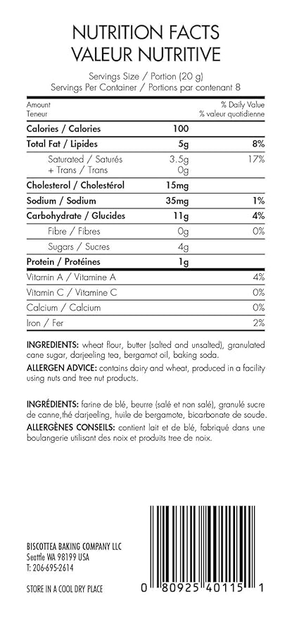 BISCOTTEA Earl Grey Tea Shortbread Cookies (8 Cookies) (Pack of 2)