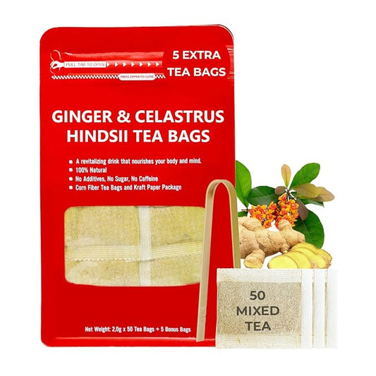 Pure Ginger Tea Bags with Celastrus Hindsii - 55 Count (+5 Tea Bags) - 5.15 oz, Re-Steep Herbal Tea Blend, Corn Based Bags, Bamboo Tong Include, No Sugar Added, Natural Ginger Tea