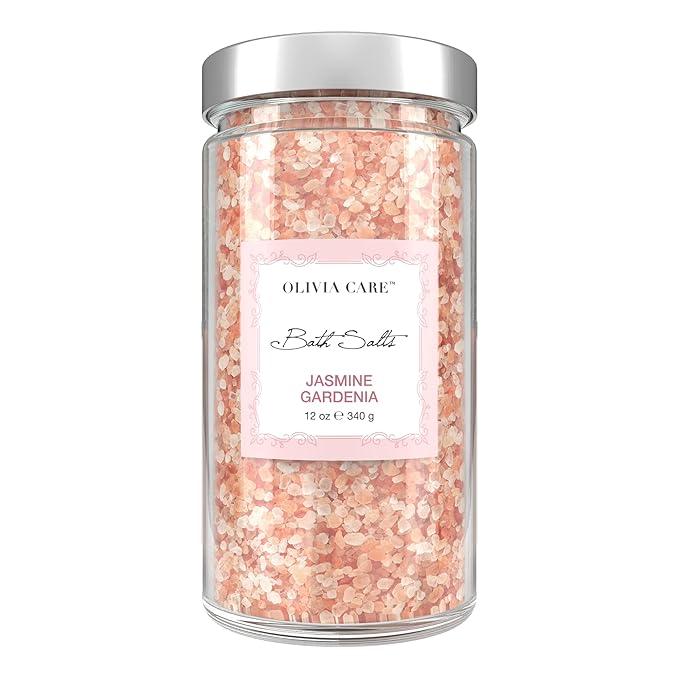 Olivia Care Pink Himalayan Bath Salts Exfoliate, Heal, Rejuvenate, Cleansing & Soothes Skin | Made with Natural Ingredients. Fresh Fragrance - 12 OZ (Jasmine Gardenia, 1 Pack)