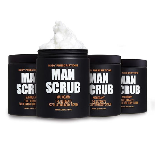Body Prescriptions Men’s Exfoliating Body Scrub – Ultimate Skin Cleansing Wash in Jar with Twist-Top Lid, For All Skin Types, 21 Ounce (Pack of 4), Mahogany