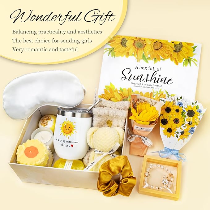 Birthday Gifts for Women, Sunflower Self-Care Package, Sending Sunshine Get Well Gifts for Women, Her, Sister, Mom, Best Friends, Unique Relaxation Spa Basket Perfect for Valentine's Mother's Day