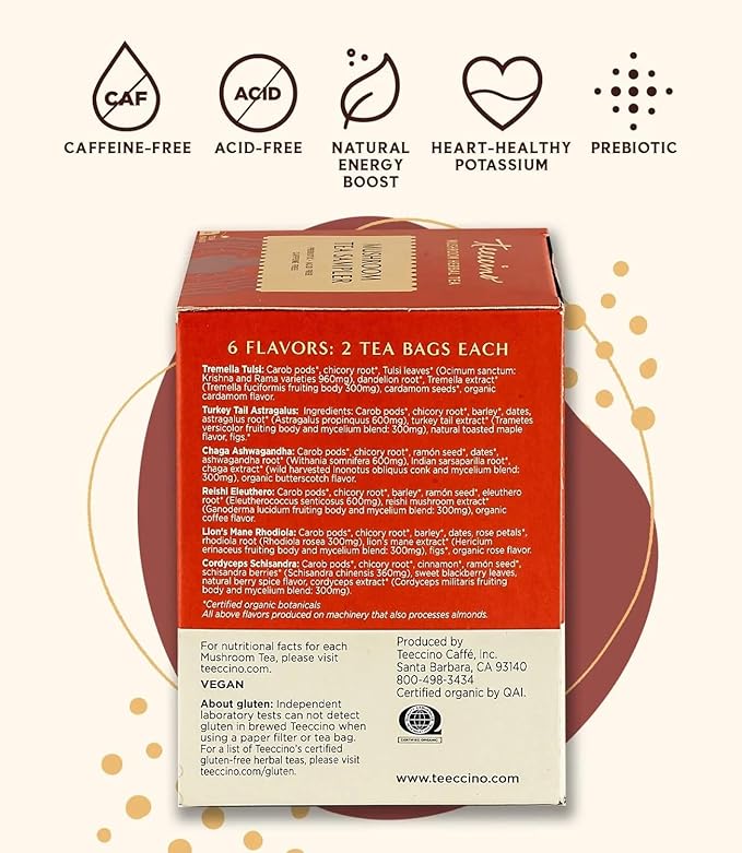 Teeccino Mushroom Herbal Tea - Mushroom Adaptogen Tea Sampler - 12 Tea Bags - Support Your Health With Mushrooms and Adaptogenic Herbs, Prebiotic, Caffeine Free, Acid Free