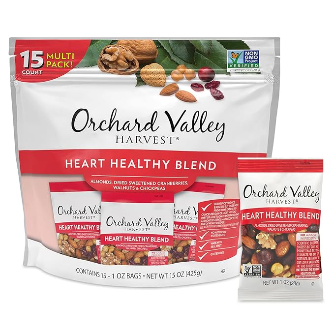 Orchard Valley Harvest Heart Healthy Blend, 1 Ounce Bags (Pack of 15), Almonds, Cranberries, Walnuts, and Chickpeas, Gluten Free, Non-GMO, No Artificial Ingredients, Healthy Snacks for Adults