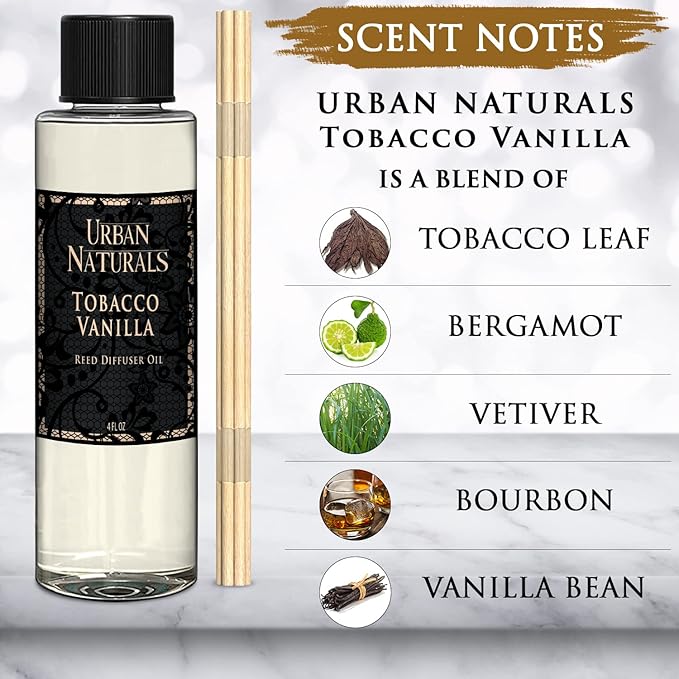 Urban Naturals Tobacco Vanilla Reed Diffuser Refill Set | Includes a Free Set of Reed Sticks! 4 oz | Great Gift Idea Home Fragrance Lovers!