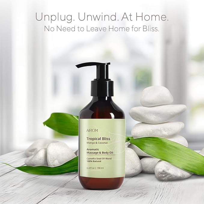 AiROM Mango & Coconut Massage Oil for Massage Therapy – Tropical Bliss - Scented Body Oil for Women – Hypoallergenic, Relaxing Aromatherapy, Non-Greasy, Nut-Free - 6.4 fl oz