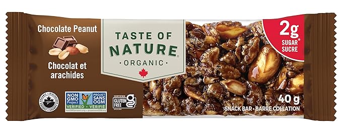 Taste of Nature - Organic 2g Sugar Chocolate Peanut - Low Sugar Snack and Breakfast Bar, High Fiber Energy Bar - 16 Count Snack Pack