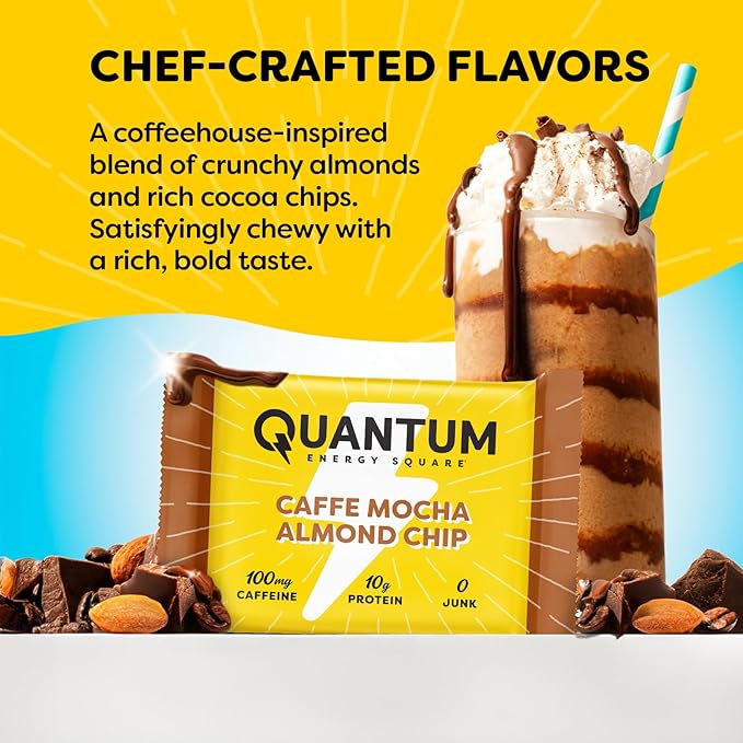 Quantum Energy Square: Energy Bar with Caffeine & 10g Protein. Delicious Healthy Snack On The Go. (Vegan, Gluten-free, Soy-free, Dairy-free) (Caffe Mocha Almond Chip)