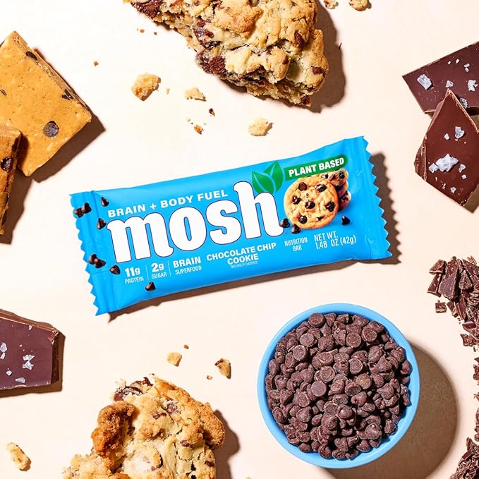 MOSH Chocolate Chip Cookie Vegan Protein Bars, Plant Based, Keto, Gluten Free, Brain Healthy Snack with Cognizin, Ashwagandha and Lion's Mane, 12 Count