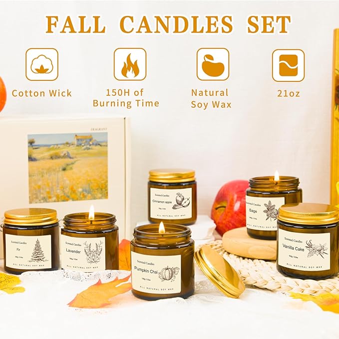 6 Pack Fall Candles Set,Scented Candles for Home, Aromatherapy Gifts for Women Men, Fall Winter Holiday Natural Soy Candles Set for Birthday, Mother's Valentines Day Gifts for Her