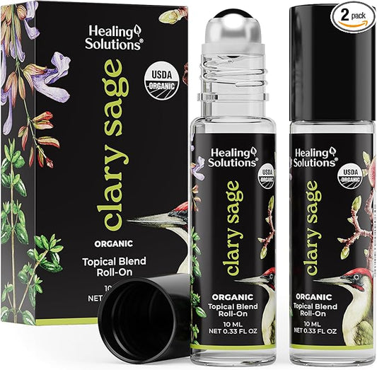 Healing Solutions (2 Pack) Clary Sage Essential Oil Roll-On Perfume - Organic for Skin, Body Oil Roller, Personal Care, Presents for Women - USDA Certified Clary Sage Roll On