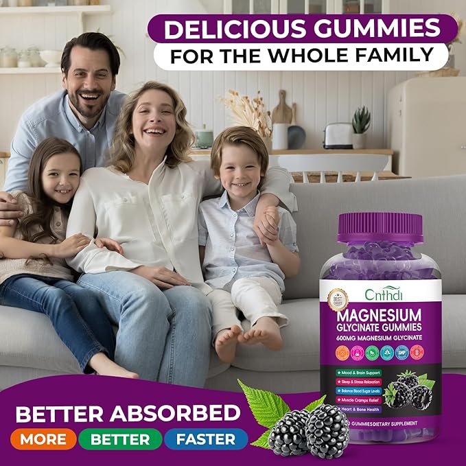 Magnesium Glycinate Gummies for Adults, High Absorption Vitamin Magnesium Gummies with L-Threonate, Calcium, B6, D3, Sugar Free Chews, Relaxation, Stress Relief, Night Rest