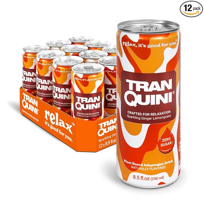 Tranquini Calming Drink With Herbal Adaptogens | Sparkling Water Stress Relief Beverage | Sugar Free, Non Alcoholic, Gluten Free, Vegan - 250ml Ginger Lemongrass (12 cans)