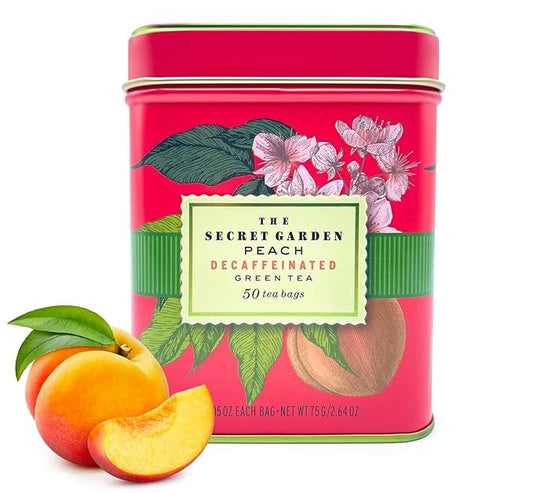 Premium Decaf Peach Herbal Green Tea Bags 50 Pack Designer Tin, Eco-Friendly, Sugar Free, Keto & Diabetic Friendly Full Bodied Aromatic Flavor Family Share Size Bulk Teabags (50-Count)