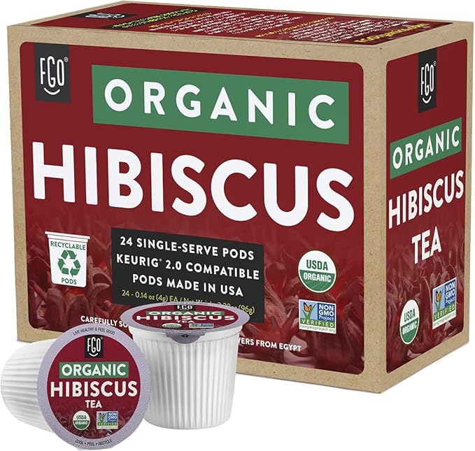 Organic Hibiscus Herbal Tea K-Cup Pods, 24 Pods by FGO - Compatible with Keurig - Naturally Caffeine-Free Tea, Premium Green Tea is USDA Organic, Non-GMO, & Recyclable